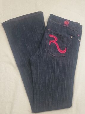 Rock & Republic Dark Indigo Bootcut Jeans with Pink Back Embroidery